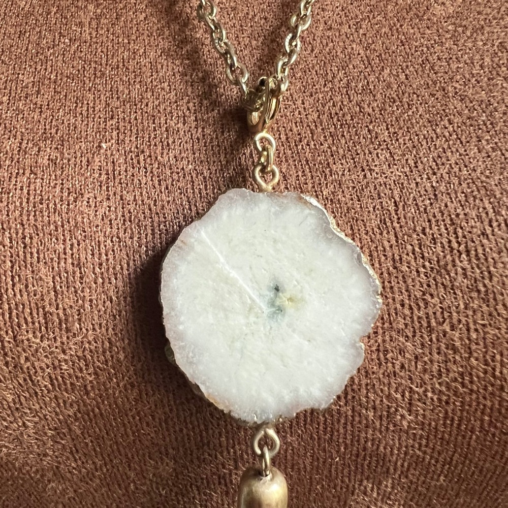 Gold Tone Tassel Druzy Quartz Geode Long Pendant Necklace 24 Inch Ethereal